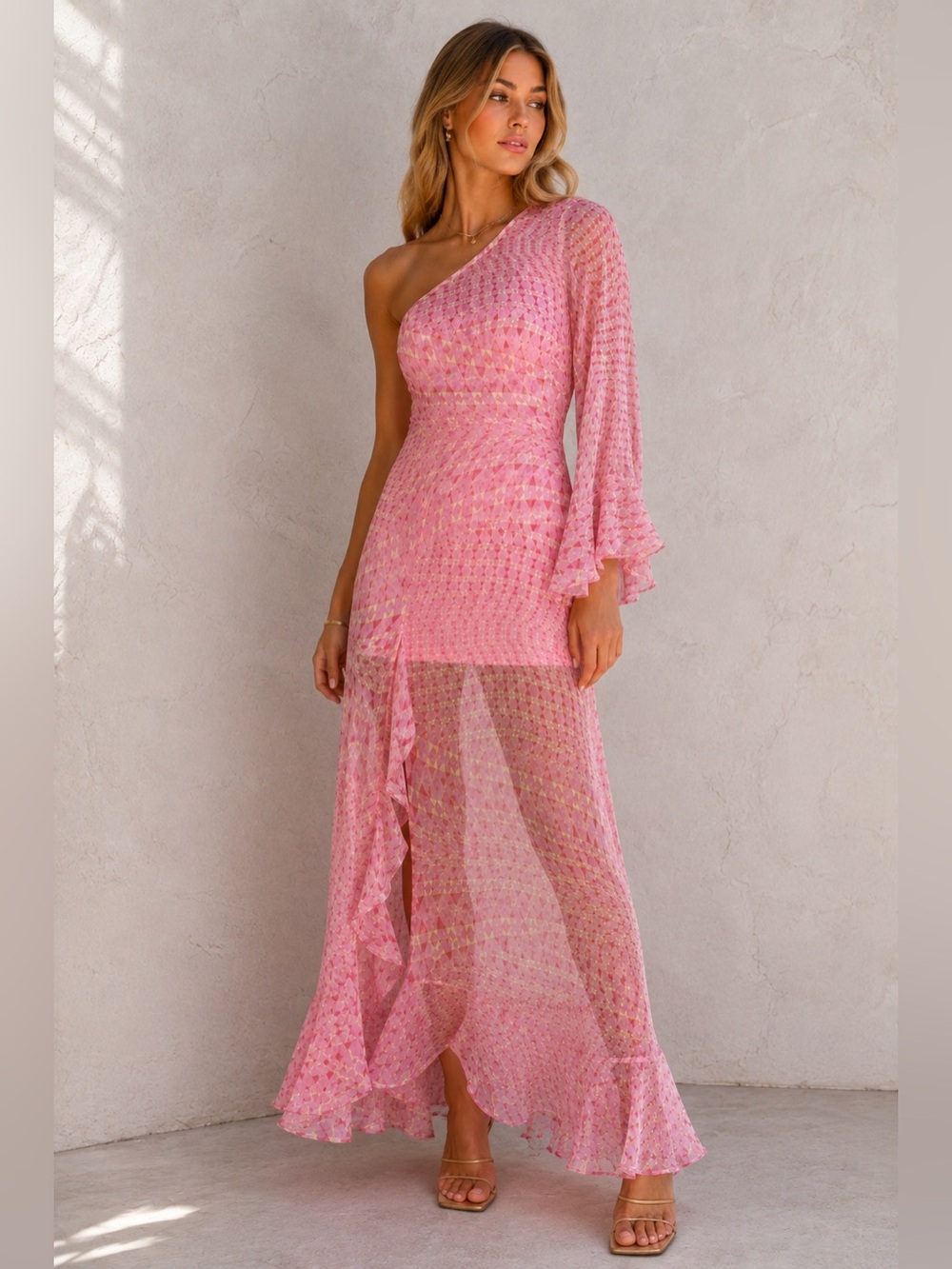 MISA Los Angeles Gaia One Shoulder Pink Maxi Dress NWT Resort Glam M